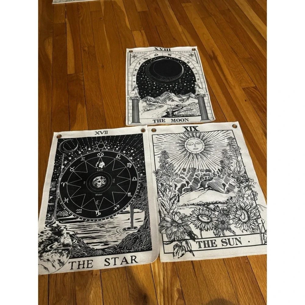Tarot Flag Tapestry The Sun The Moon The Star Set Of 3 Wall Hanging B&w Witchy